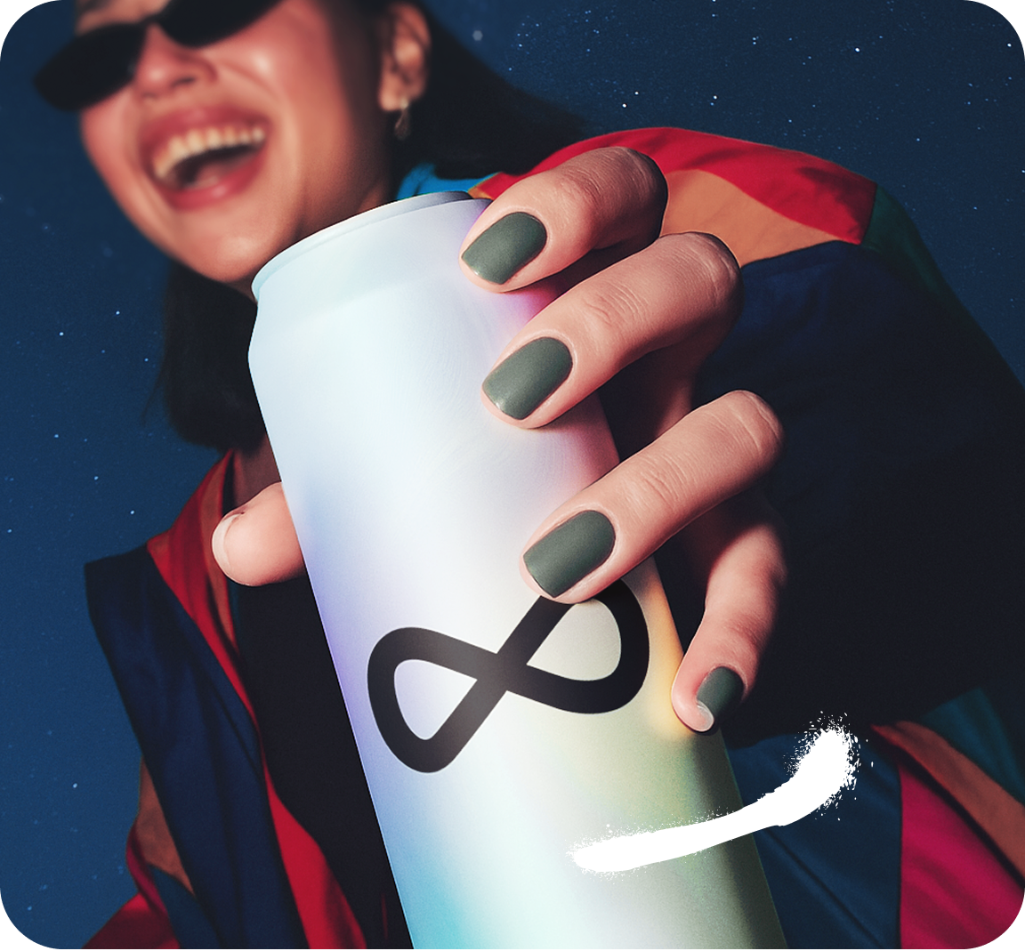 Person holding white water bottle with infinity symbol
