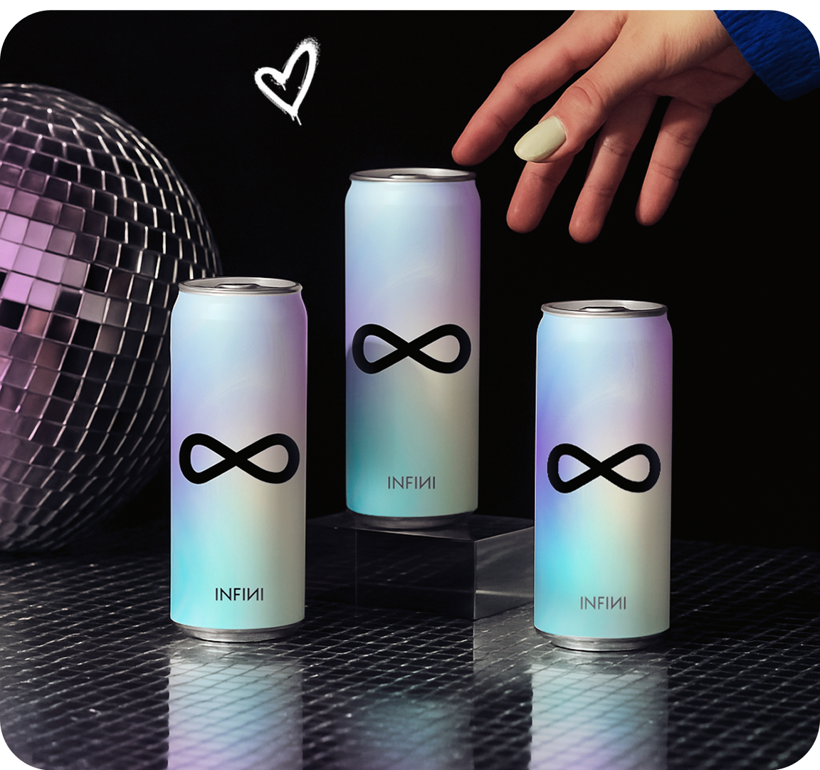 Three metallic cans with infinity symbols